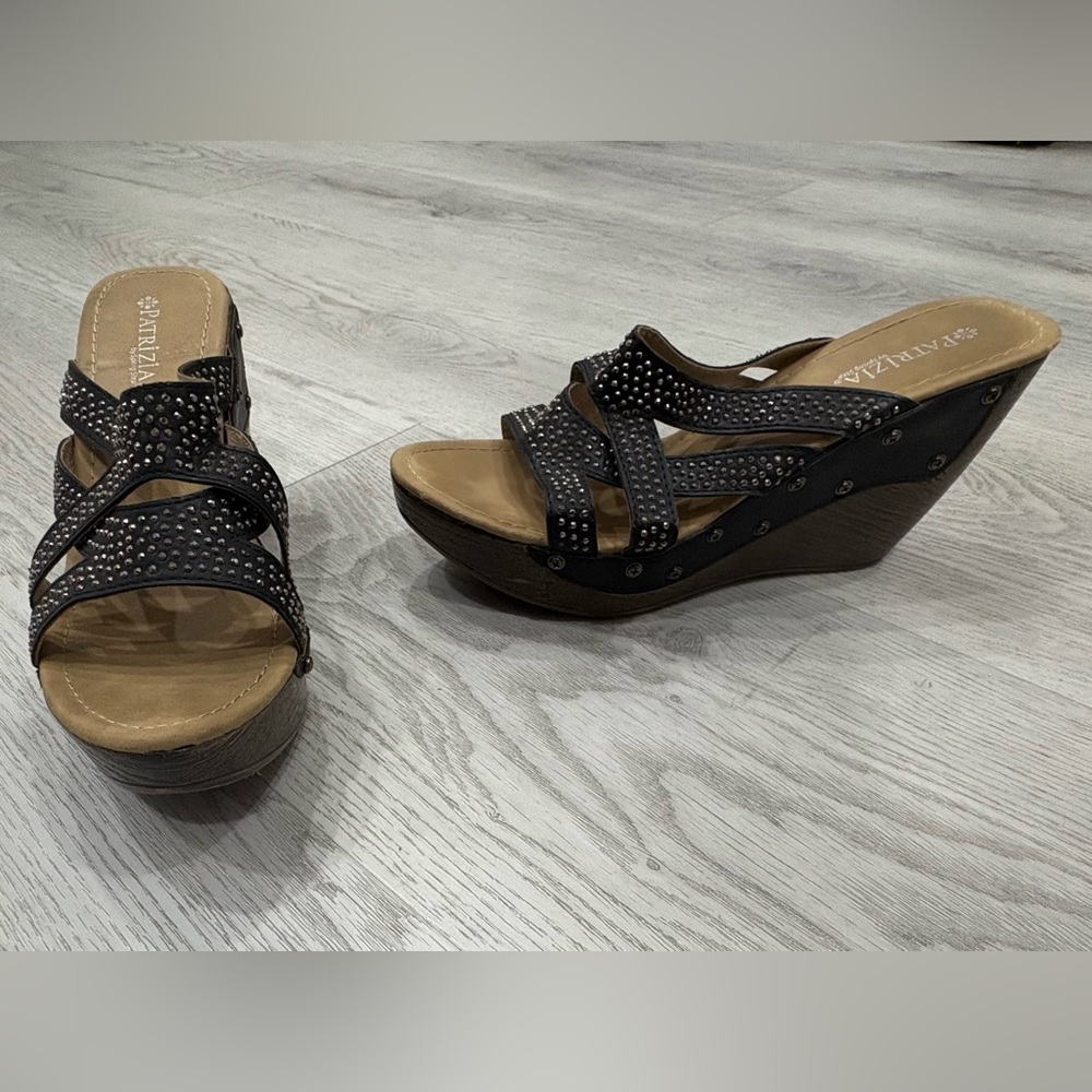 Patrizia Wedge Sandals Casual Dress Shoes Black with Sequins size EK 40 / US 8.5